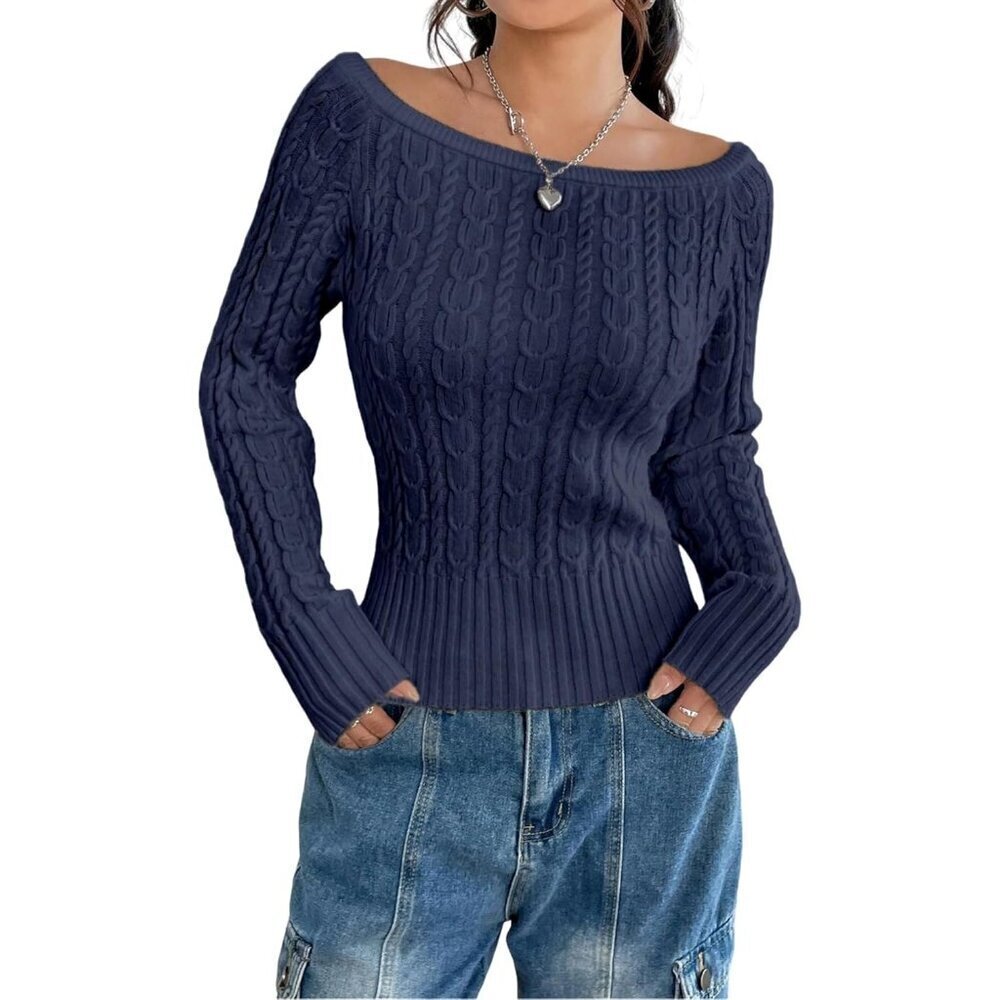 Women’s Cable Knit Sweater Long Sleeve Off Shoulder Slim Fit Pullover